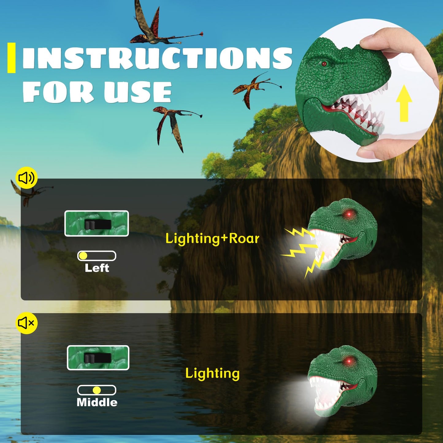 Dysaim Dinosaur Headlamp for Kids Flashlight Outdoor Camping Gear LED Reading Head lamp, Hiking Accessories Headlight for Kids or Adults, Dinosaur Toys HeadLamps Ideal Gift for Birthday, Xmas