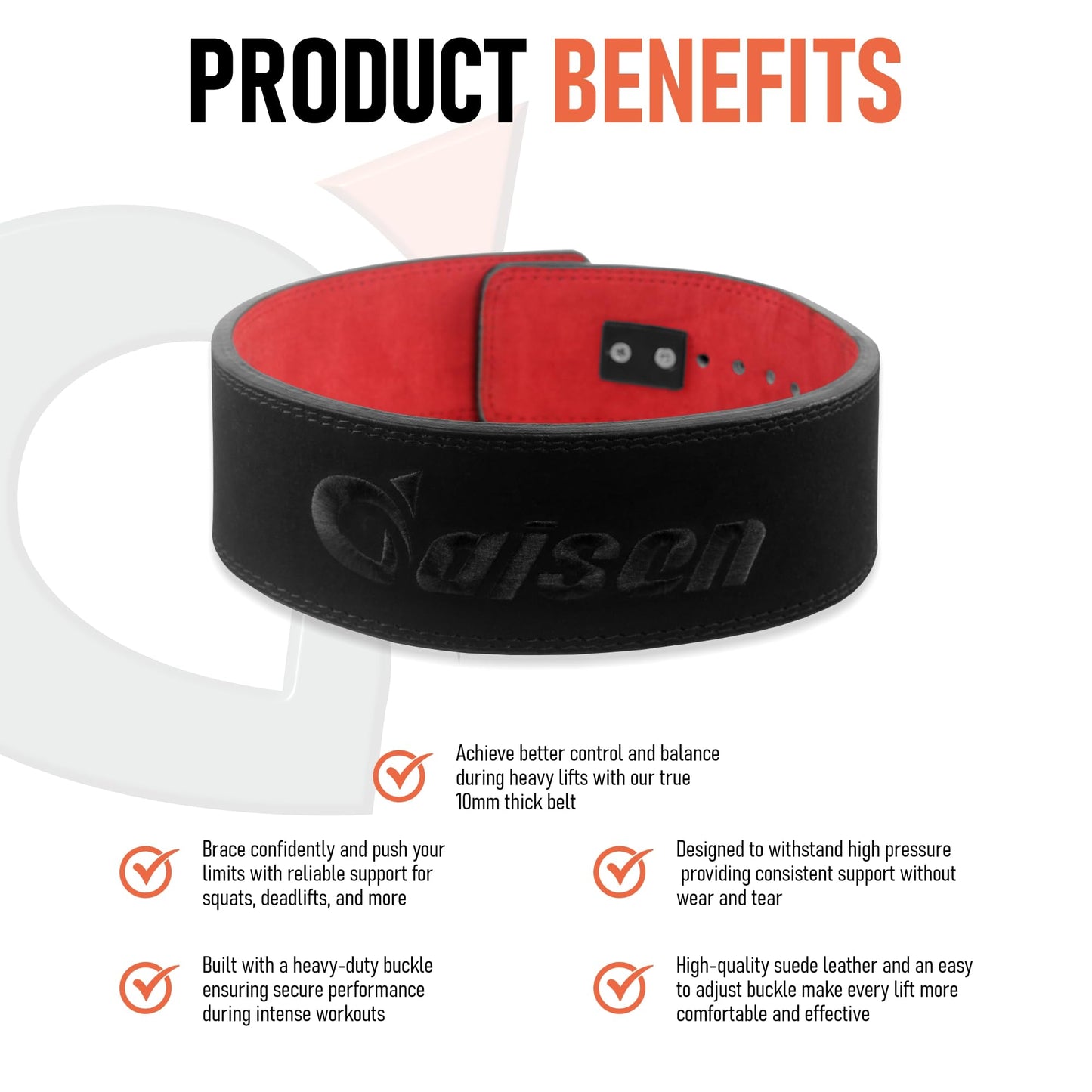 Daisen Weight Lifting Belt Powerlifting, 10mm Thick 4" Leather Lumbar Back Support, Lever Buckle Gym Strength Training Equipment, Bodybuilding Deadlifts Squats Workout Men Women (10MM Black/Red, Large)