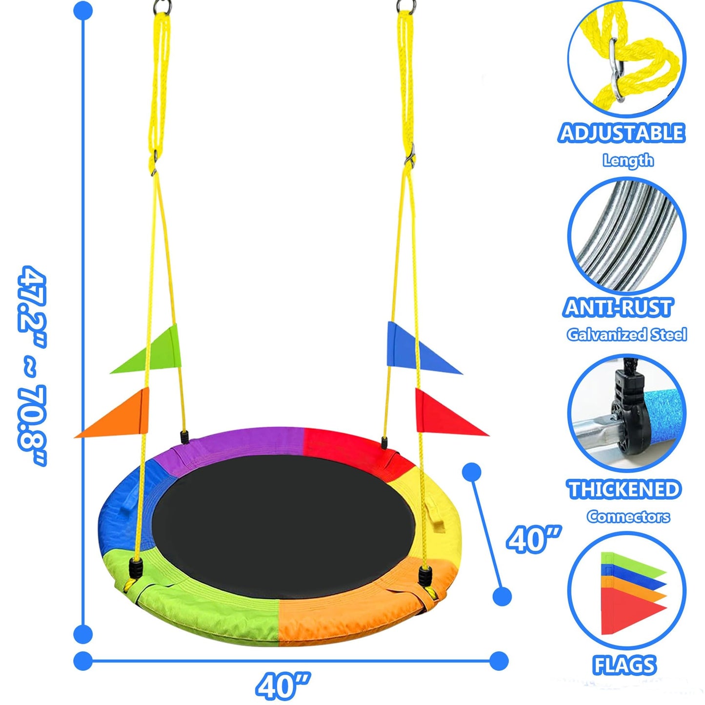 GVDV 40" Saucer Tree Swing, 750Lb Heavy Duty Capacity with Adjustable Hanging Straps, Multi-Strand Ropes & 360° Swivel, Indoor Outdoor Kids Swing for Backyard, Playground & Camping Gift