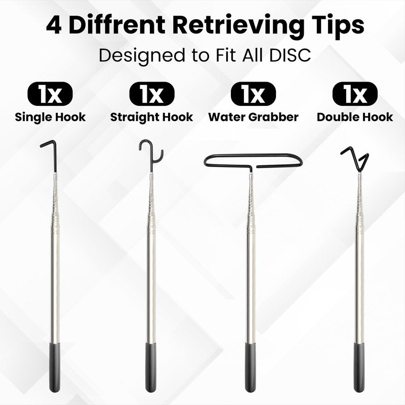 AKU INTL. 4 in 1 Disc Golf Retriever Pole 16 ft– Extendable Telescopic Disc Retriever with Durable Stainless Steel Frame Hooks & Carry Bag –Disc Golf Grabber, Trees, Bushes(Black)