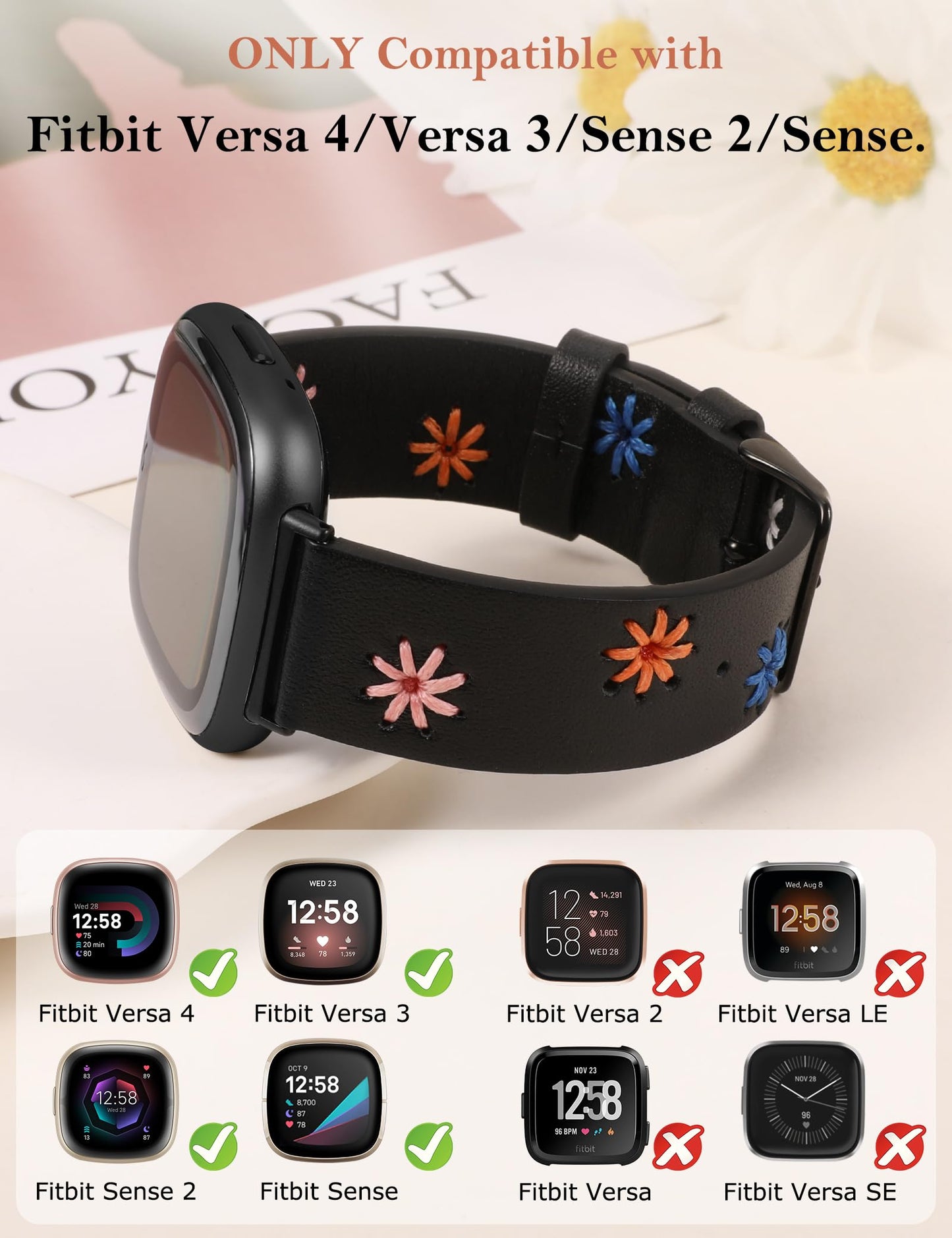 Wearlizer Leather Band Compatible with Fitbit Versa 4/Versa 3/Sense 2/Sense Band Women, Boho Cute Colorful Daisy Floral Handmade Stitched Fancy Stylish Strap Black/Black