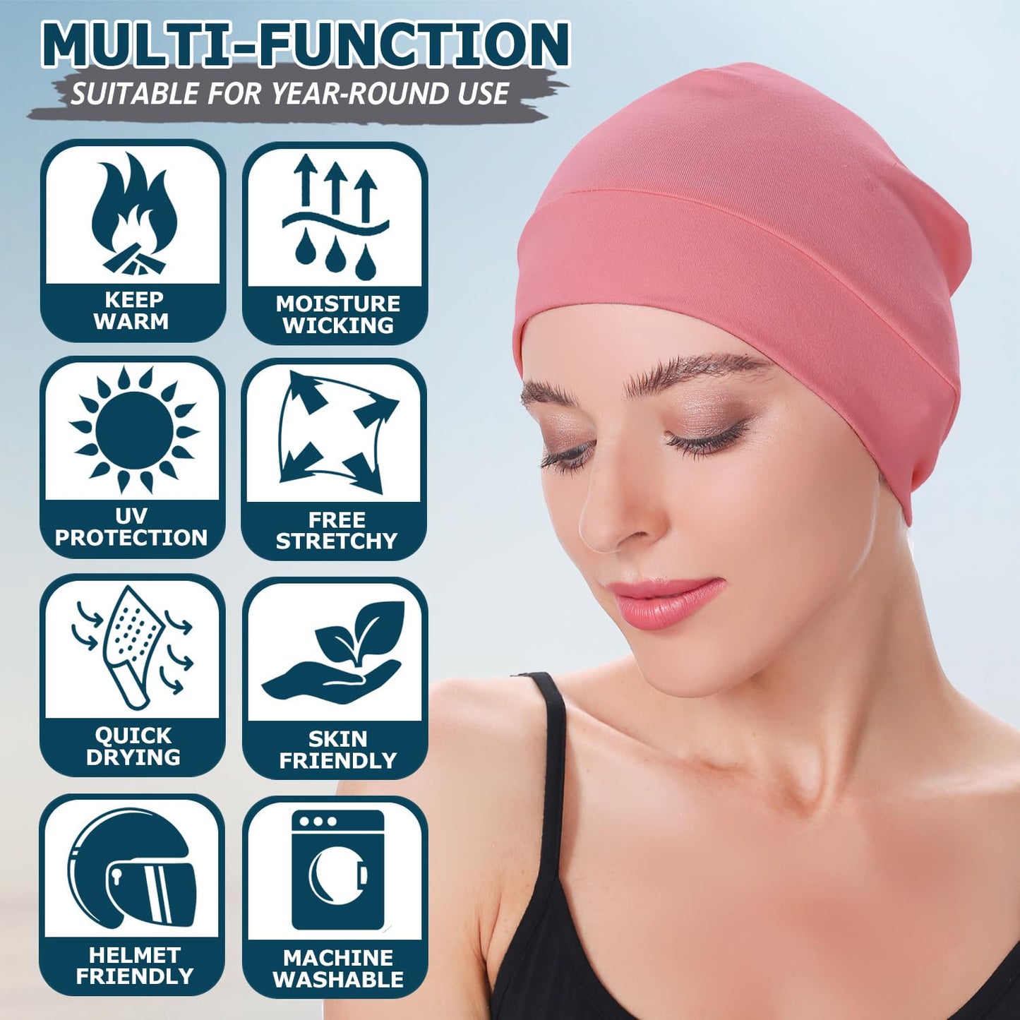 100% Cotton Skull Caps Beanie Sleeping Hats for Men Women 2-Pack Pink