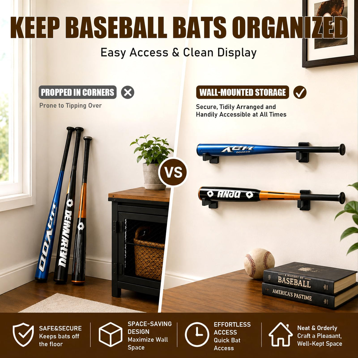 TOBWOLF 2PCS Baseball Bat Display Case, Baseball Bat Hanger Holder, Wall Mount Baseball Bat Horizontal Rack, Baseball Bat Bracket - Black