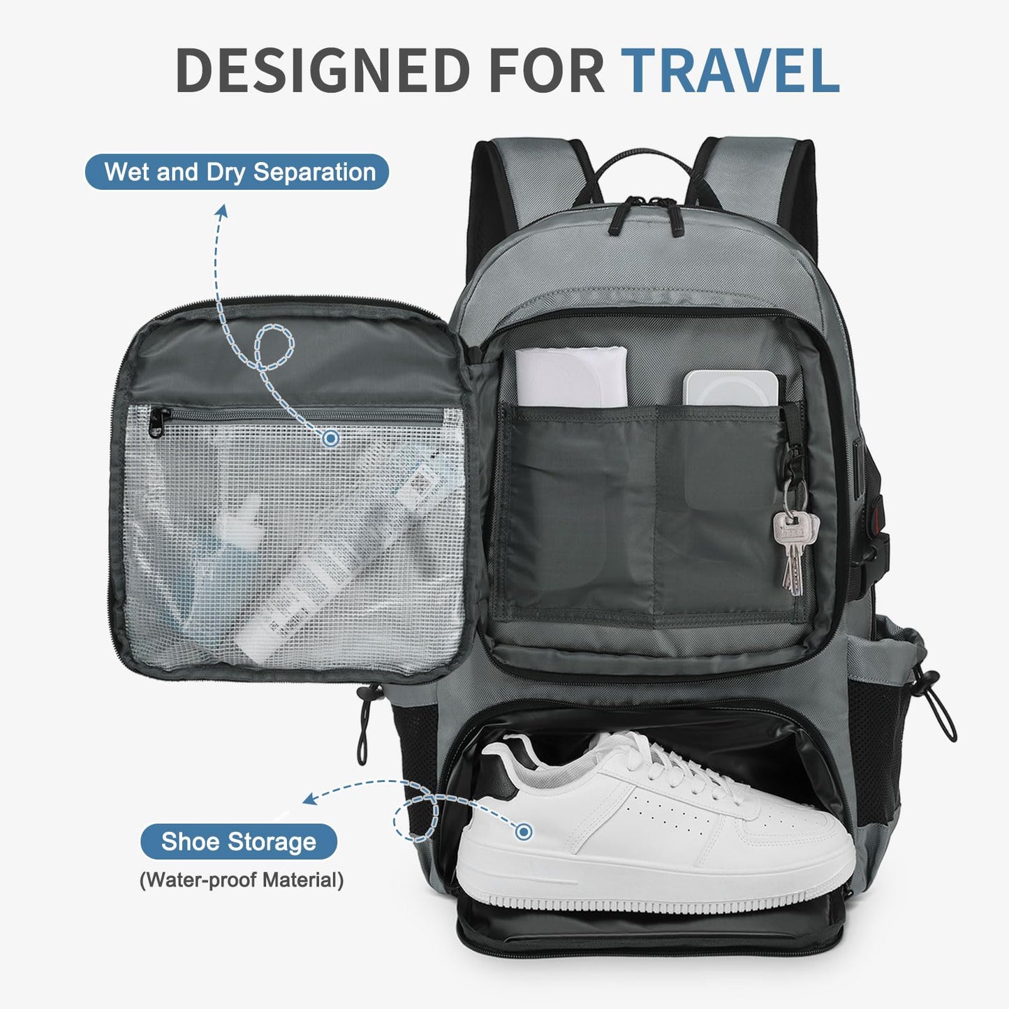 SUIKIHUM Travel Backpack 35L TSA Approved Carry on Backpack with Shoe Compartment & Wet/Dry Separation, Laptop Bag Fits 18.4 Inch Computer, Water Resistant Backpack for Men Women, Grey