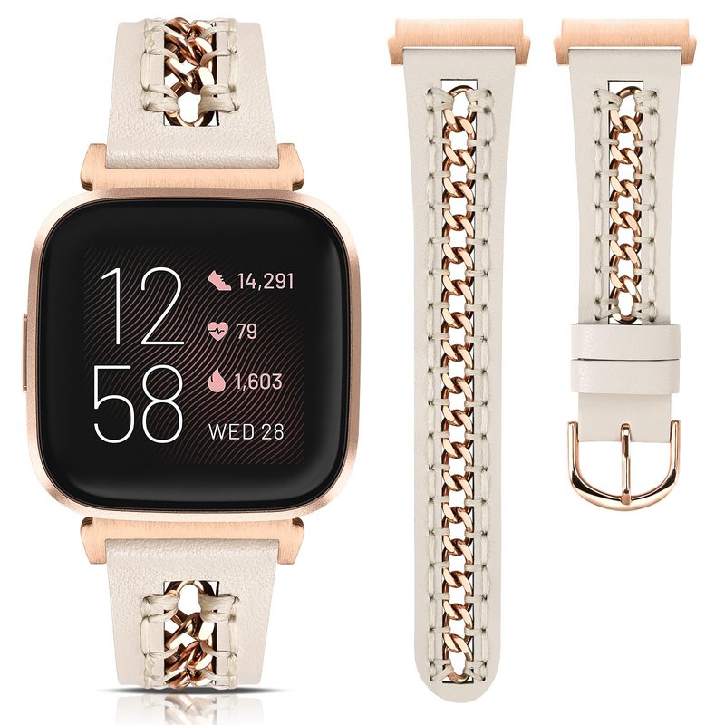 Minyee Leather Band Compatible with Fitbit Versa 2/Fitbit Versa/Versa Lite Bands Women, Dressy Premium Leather Designer Strap with Stainless Steel Metal Chain for Versa 2 Watch, Starlight/Rose Gold