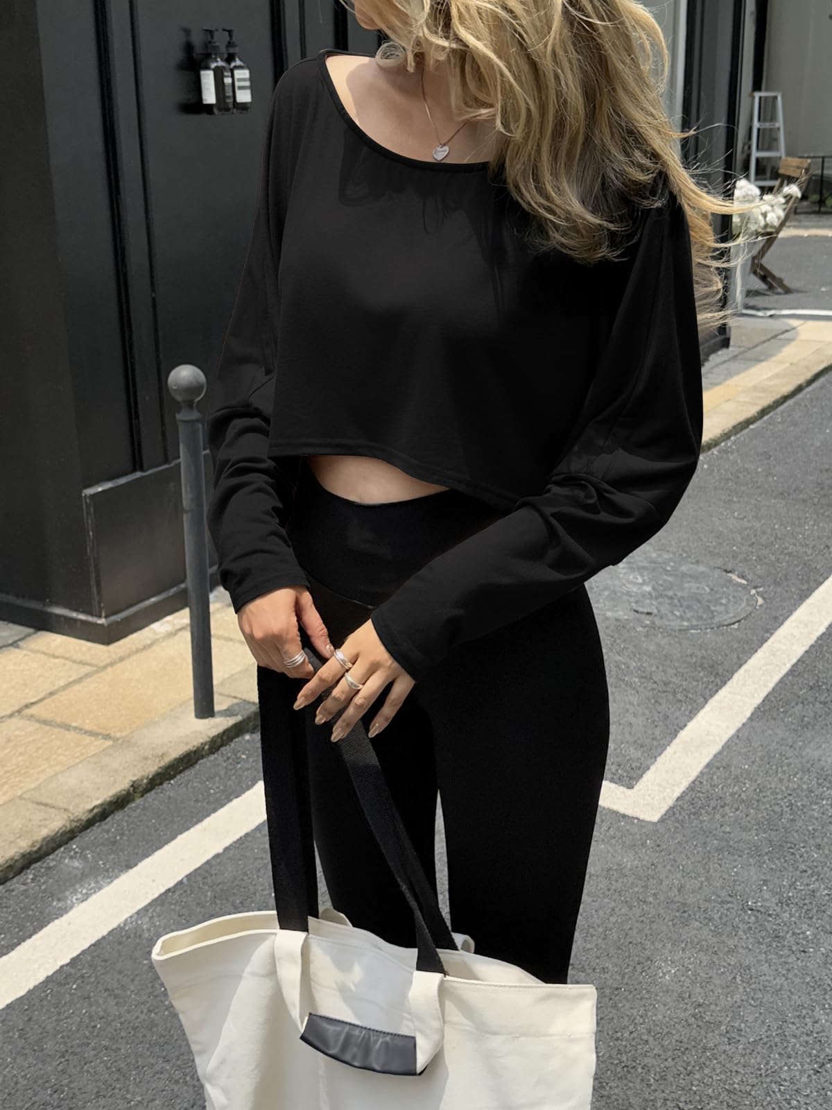 Fisoew Womens Off The Shoulder Cropped Tops Batwing Long Sleeve Loose Fit Summer Boat Neck Workout T Shirts Black