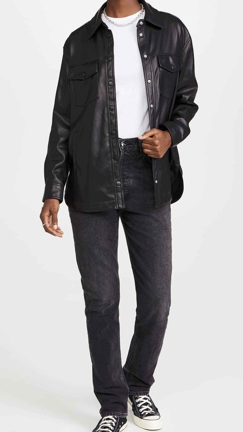 [BLANKNYC] Womens Black Vegan Leather Shirt Jacket, Black, X-Small US