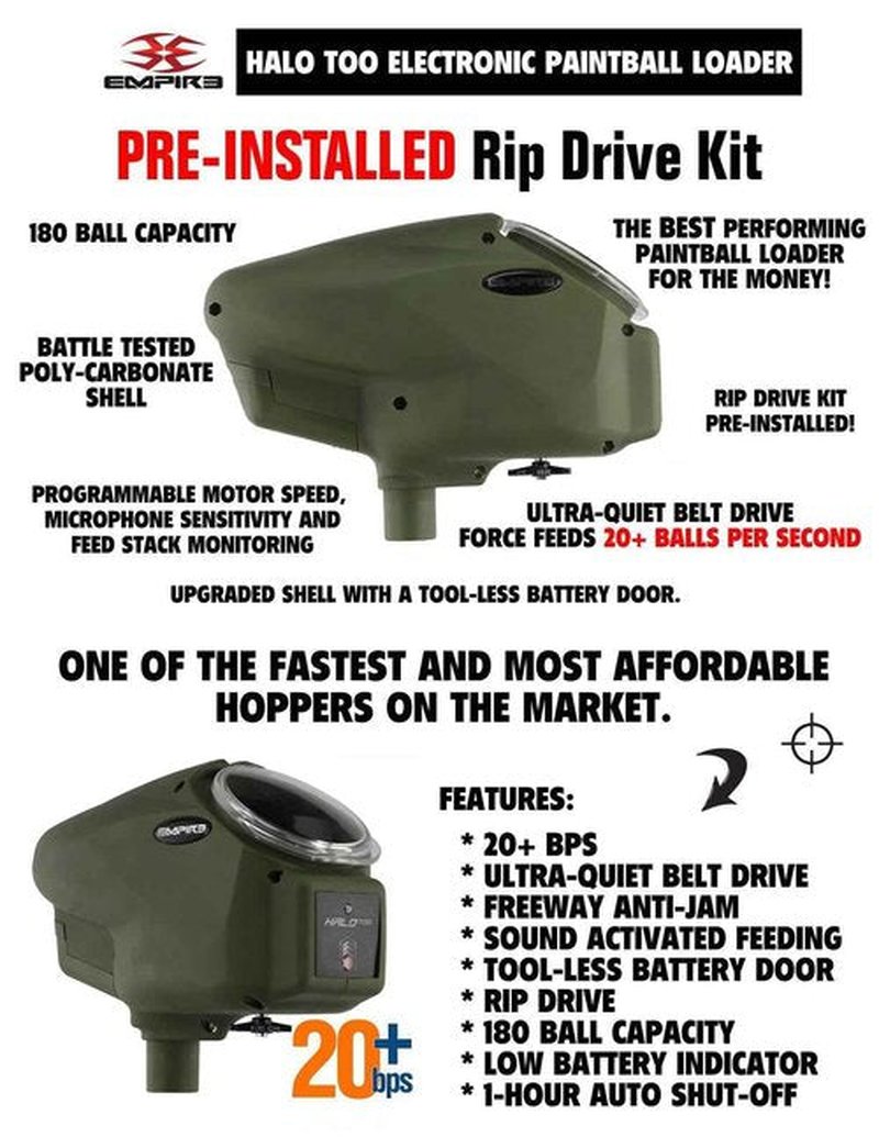 Maddog Empire Halo Too Automatic Electronic Paintball Loader with HK Army Epic Speed Feed and HPA Paintball Tank Fill Nipple Protector Accessory Package - Matte Olive w/Stealth SF