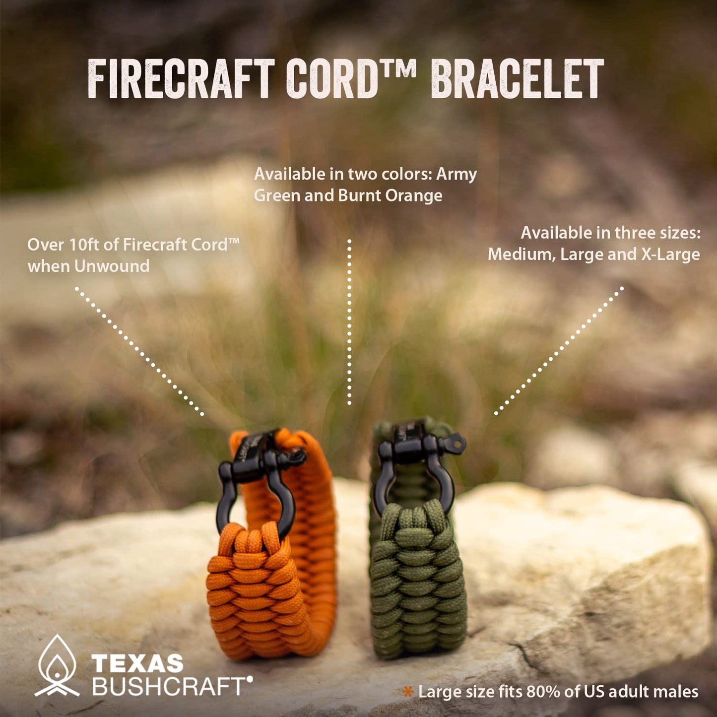 Texas Bushcraft Firecraft Cord Survival Bracelet – Paracord Bracelet with Bow Shackle for Camping and Emergency – 3 Extra Strands Include Wax Thread, Tinder, and Fishing Line (Army Green, L)