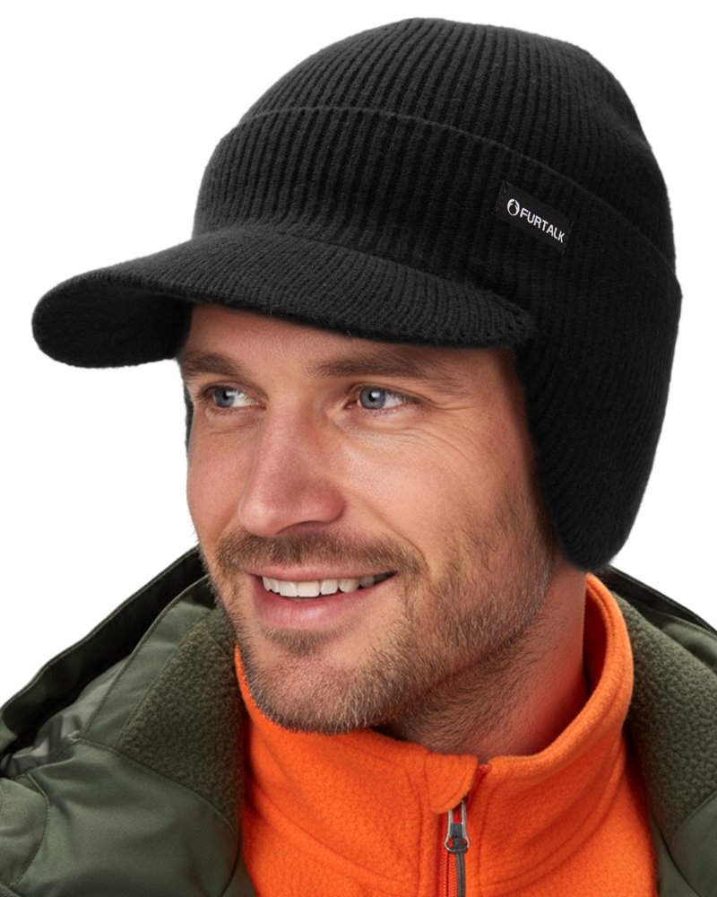 FURTALK Winter Beanie with Brim Fleece Lined and Ear Flaps Winter Hats for Men Women Warm Thermal Hat, Black