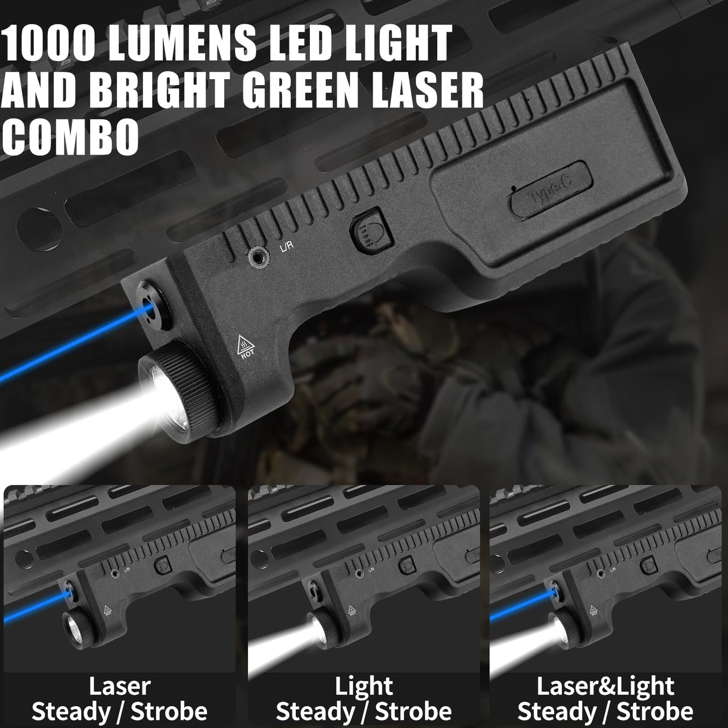 ZBULAR 1000 Lumens Strobe Function,Light Laser Combo Compatible with M-Lok Rail Surface, Tactical Flashlight and Blue Laser Sight for Rifle,USB-C Rechargeable IIIA Class Laser Power Output ≤5mW