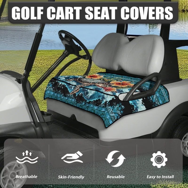 Brosoneto Sea Turtle Aztec Golf Cart Seat Covers, Washable Golf Cart Seat Towel Blanket with Pockets Travel Sports Golf Cart Cushion Cover for Golf 2 Person Seats Club Car, Golf Cart Accessories