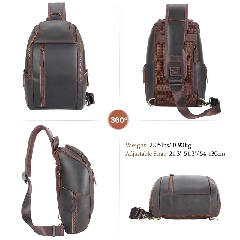TIDING Genuine Leather Sling Bag Chest Pack for Men Casual Travel Shoulder Bag Sling Backpack fits 9.7" Tablet