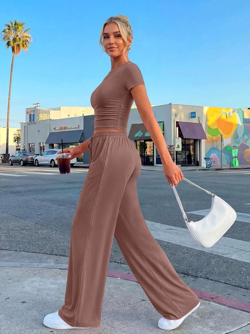 Trendy Queen | Women's Summer Lounge Set - Side Ruching Top & Wide Leg Pants with Pockets