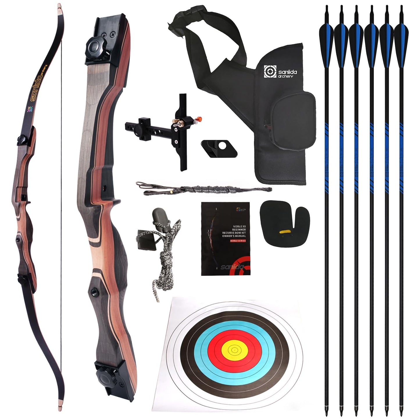 Sanlida Noble Standard Beginner & Intermediate Recurve Bow and Arrows Kit for Adult and Youth, Wooden Takedown Recurve Bow Package for Training, Practice & Competition RH Only (68", 28lbs)
