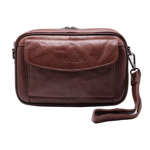 Vidlea Mens Handbag Cowhide Leather Messenger Bag Organizer Checkbook Wallet Purse with Wristlet Crossbody Shoulder Strap (Tan)