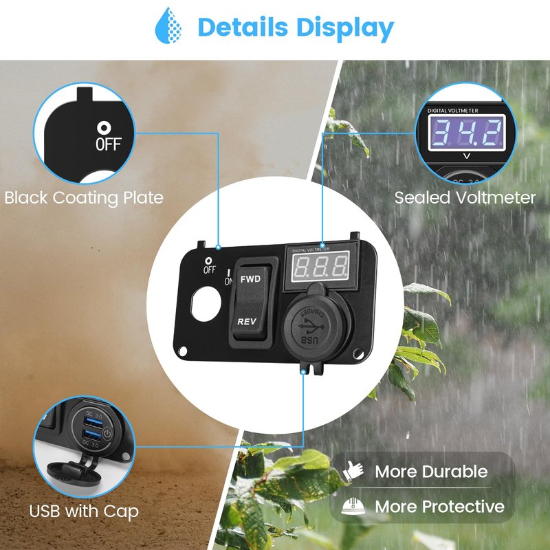 briidea 3 in 1 Multifunctional Integrated Panel with DC 17V-55V Dual QC3.0 USB Fast Charger Socket, LED Wide Range Voltmeter & Forward Reverse Switch, Compatible with EZGO TXT, PDS & Medalist