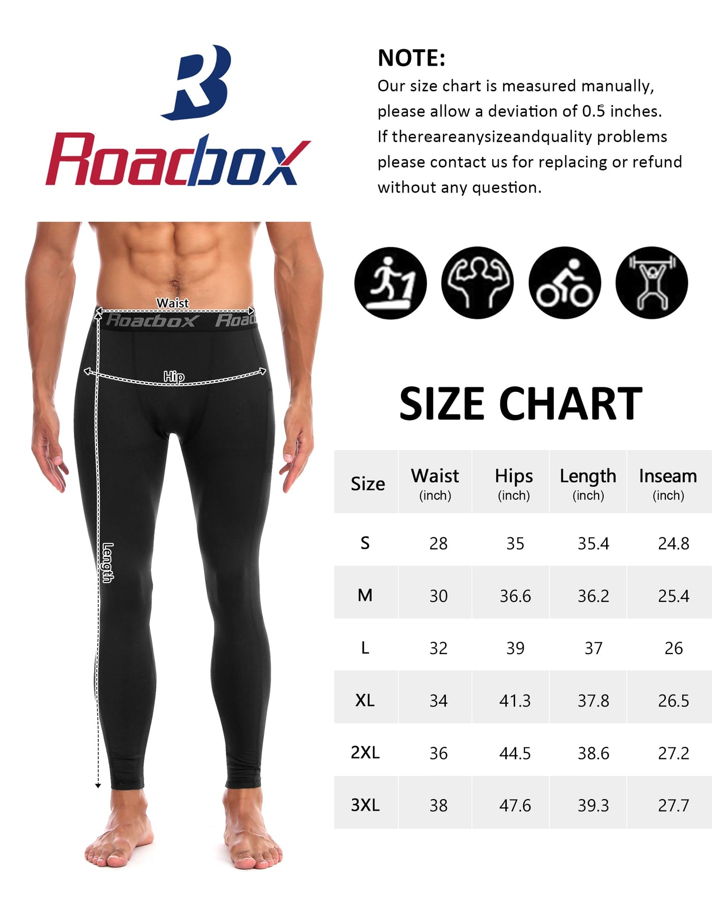 Roadbox Athletic Mens' Thermal Leggings Warm Compression Pant Fleece-Lined Baselayer Tights for Basketball Cycling Gym Winter