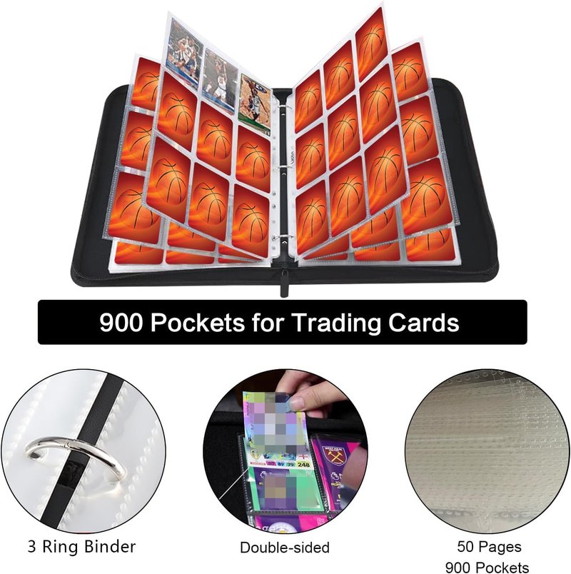 Basketball Card Binder - 900 Pocket Trading Card Holder with 50 Removable Sleeves | Durable Zipper Album Organizer