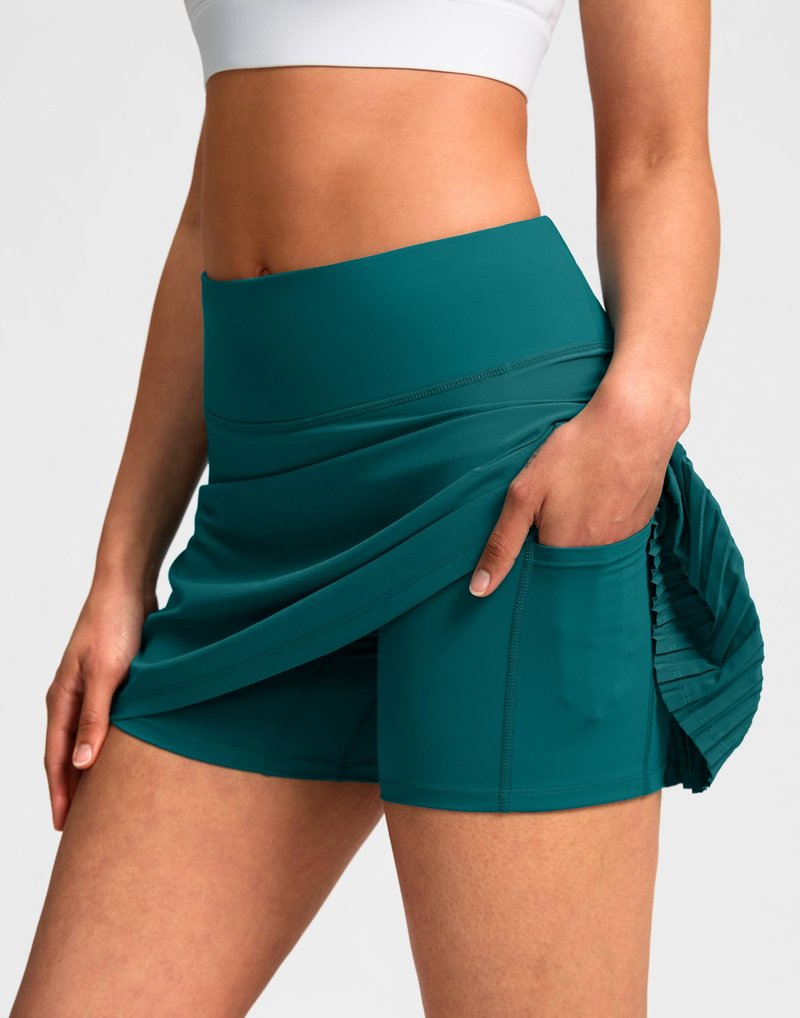 SANTINY 14" Tennis Skirt Skorts for Woman Pleated High Waited Skirts with Built-in Shorts Athletic Golf Skort (Dark Teal_M)