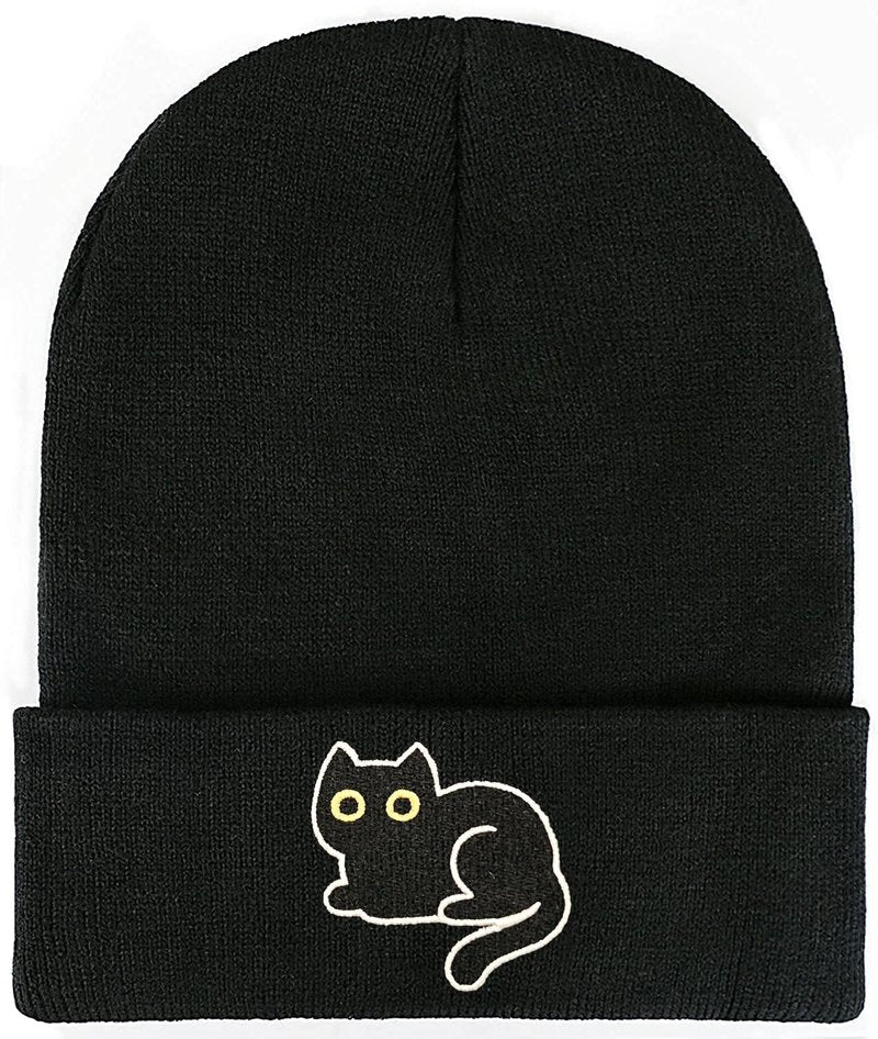 FUNCOOLCY Black Cat Embroidery Beanie Hat,Winter Warm Knit Cuffed Skull Cap for Men Women