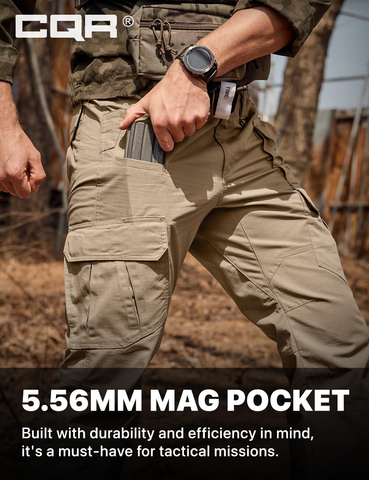 CQR Men's Tactical Pants, Water Resistant Ripstop Cargo Pants, Lightweight EDC Work Hiking Pants, Outdoor Apparel, Duratex Mag Pocket Khaki, 42W x 32L