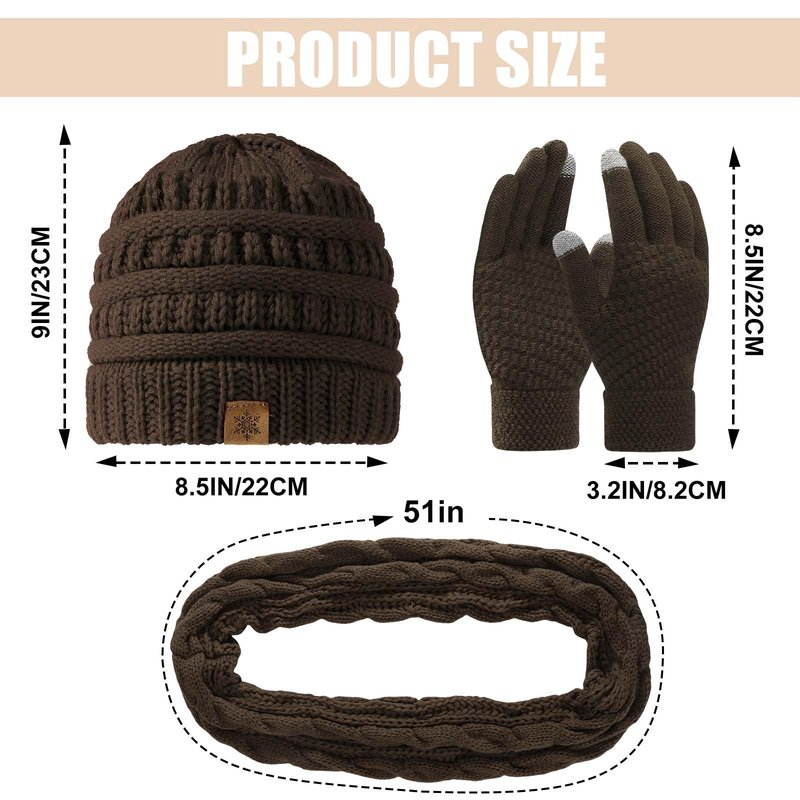 Winter Beanie Hat Scarf Gloves Set, Thick Warm Knit Winter Skull Cap Touch Screen Gloves Neck Scarf for Women Men 6 Coffee