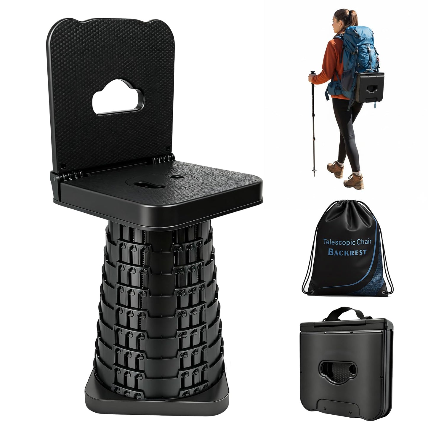 graxie Upgraded Collapsible Stool with Backrest, Portable Telescopic Seat with Carry Bag, Square Folding Stool for Camping Gardening Fishing Hiking BBQ, Max Load Capacity 550lbs