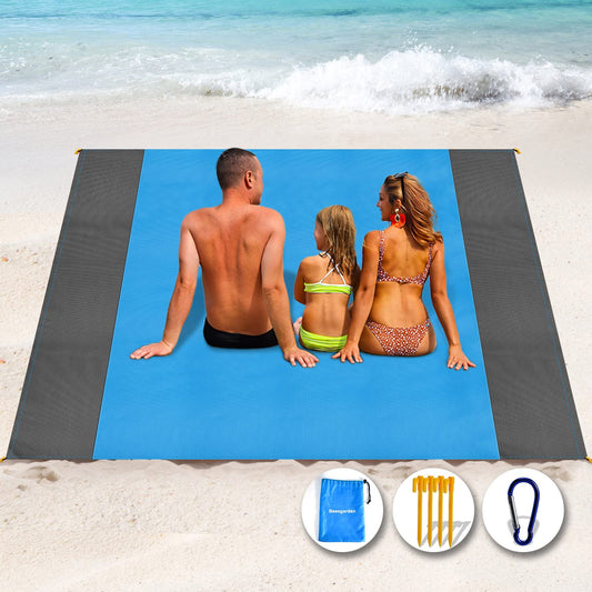 Beesgarden Beach Blanket Waterproof Sandproof, 108''×118'' Oversized Lightweight Blue Beach Mat with 4 Stakes for 7-10 Adults, Summer Essentials Outdoor Large Blanket for Travel Camping Hiking Picnic