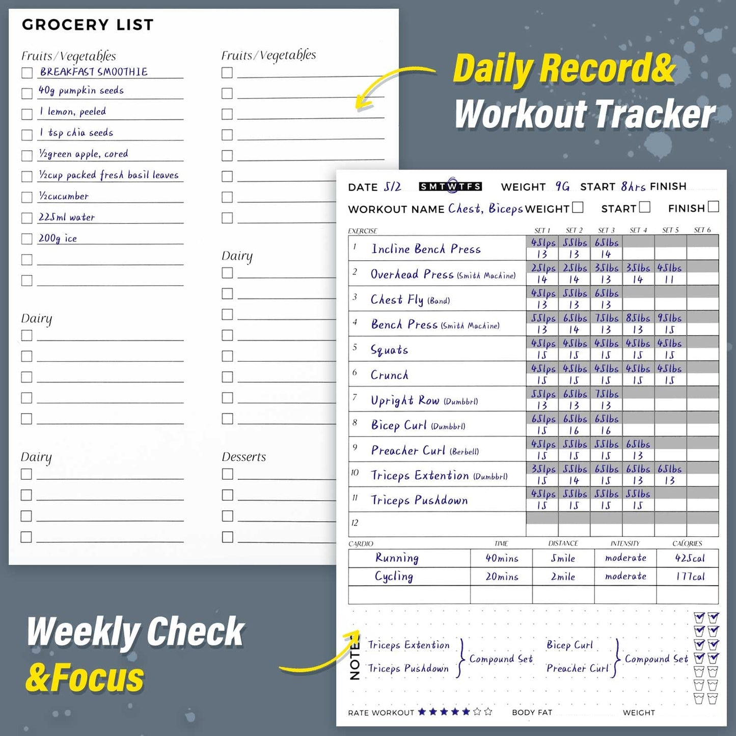 Fitness Journal for Women and Men, 8.8" x 6.6", Workout Log Sprial Book Planner for Tracking Progress and Achieving Your Wellness Goals, Hazeblue