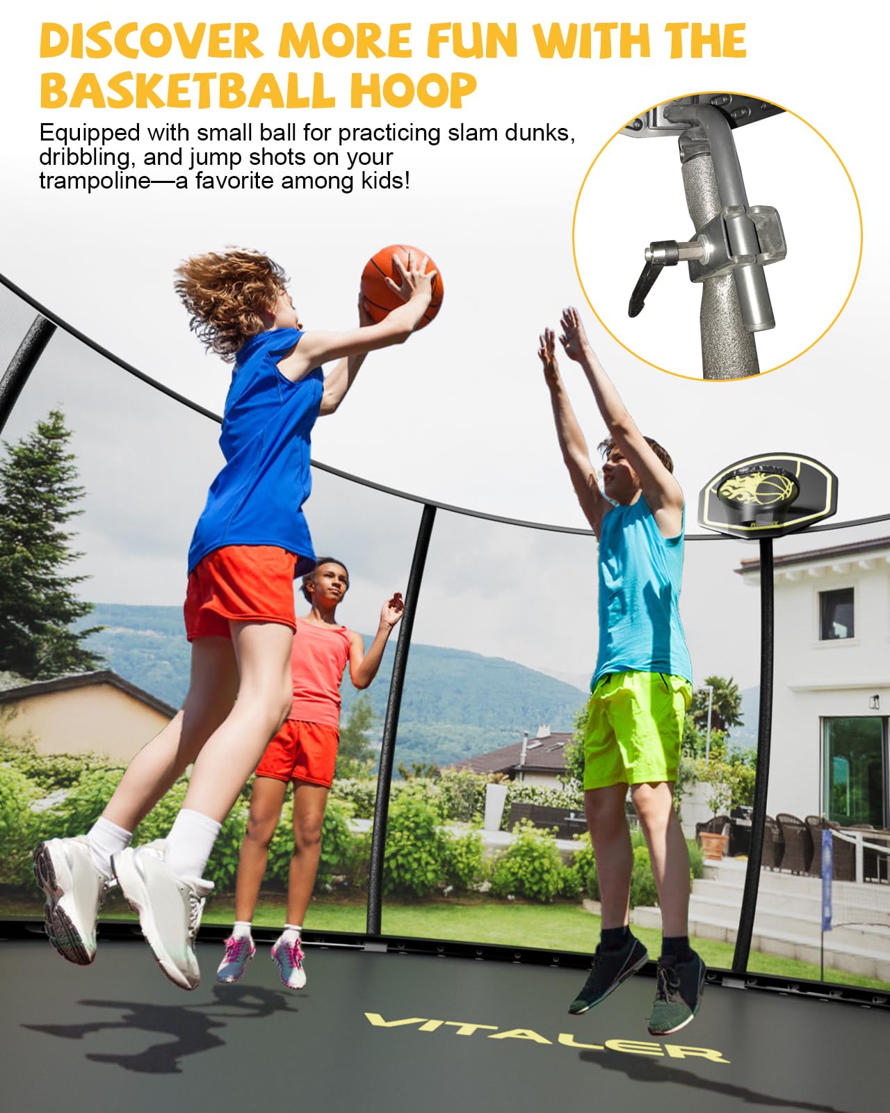 Vitaler Trampoline Outdoor 12FT with Basketball Hoop and Net Enclosure, Recreational Trampolines for Kids and Adults, Outdoor Backyard Trampoline with Anti-Rust Coated Frame, ASTM Approved