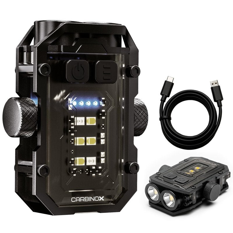 CARBINOX Flashlight Mini, 300 Lumens Rechargeable LED+COB Light, Dual Independent Switches, 7 Modes w/Red-Blue Warning, USB-C Fast Charging, Cap-Clip Hands-Free Use