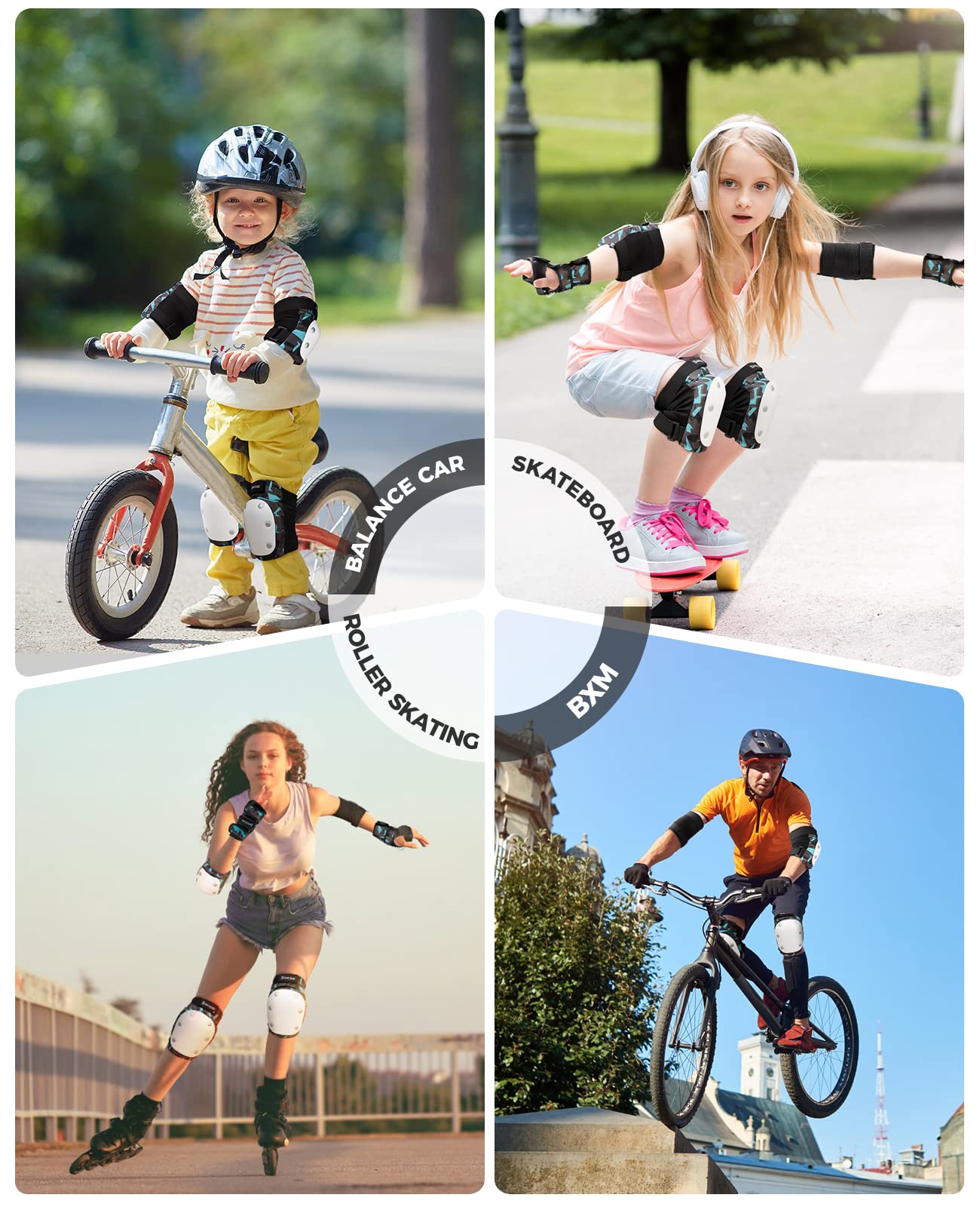 BOSONER Adult/Women/Kid Knee Pads Elbow pads Wrist Guard 6 in 1 Protective Gear Set for Skating Skate Skateboarding BMX Bicycle Inline Roller for Men Women Child Kids