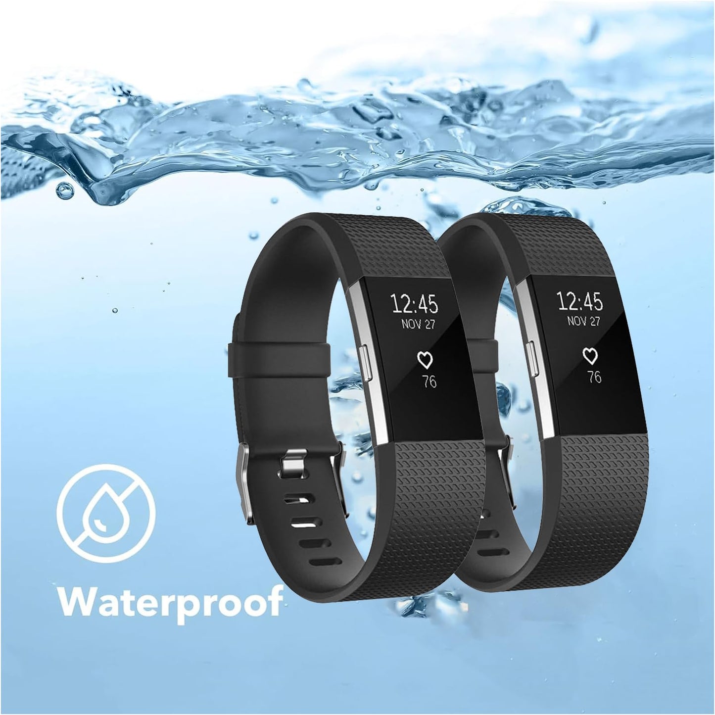 2 Pack Waterproof Bands Compatible with Fitbit charge 2, Classic Soft Sports Replacement Wristbands for Women Men (large 6.7"-8.1", black+black)