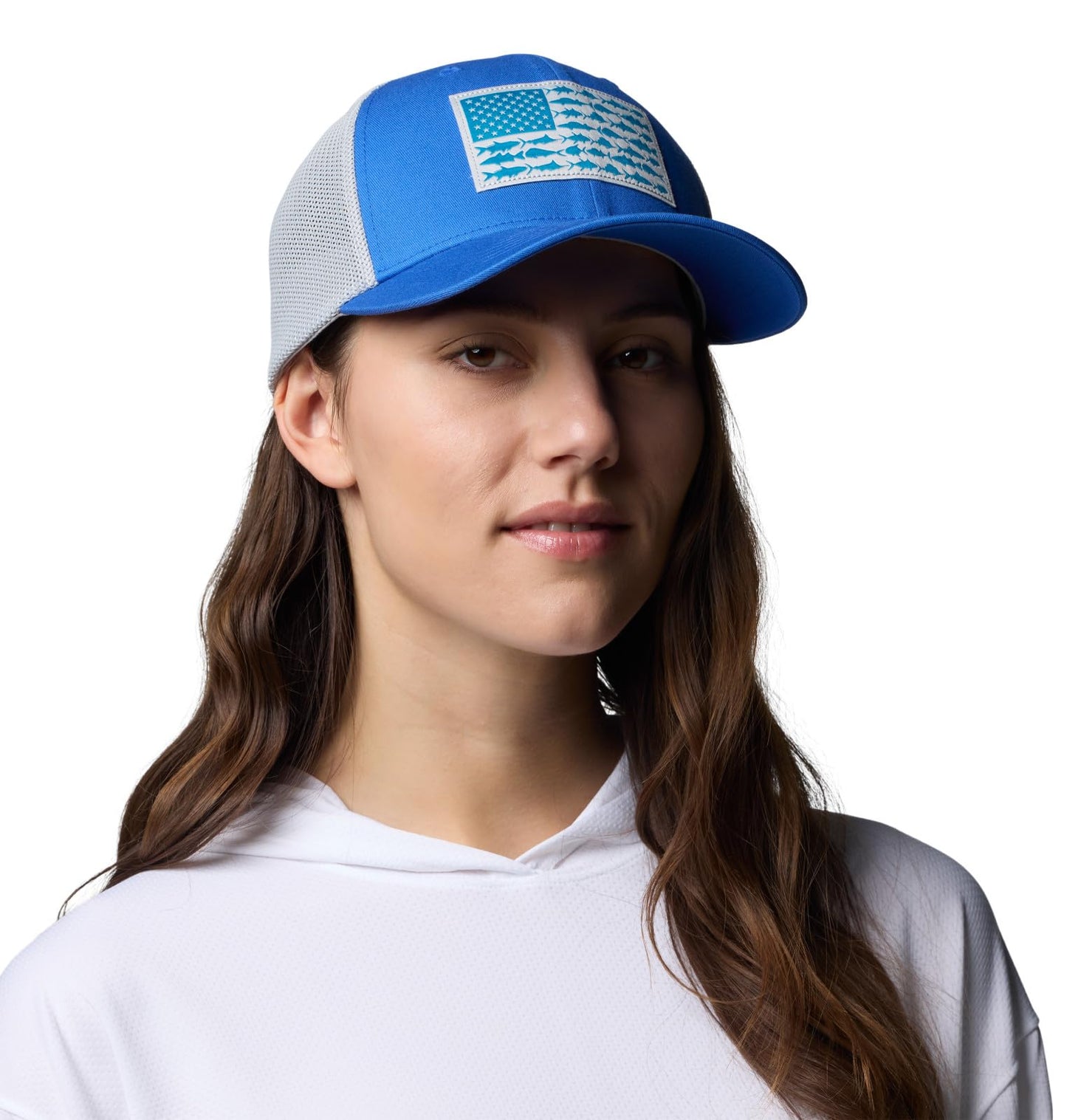 Columbia Unisex PFG Fish Flag Mesh Ball Cap, Vivid Blue/Cool Grey/US Fish Flag, Small/Medium