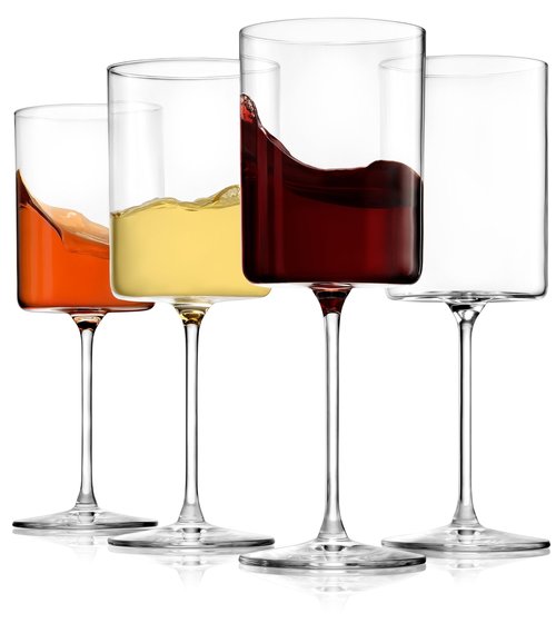 BENETI Square Crystal Wine Glasses Set Of 4 - European-made Handblown 14 oz Gift Packed Glasses - Large White & Red Wine Goblets W/Laser-cut Rim, Dishwasher-safe Clear glass gifts Set