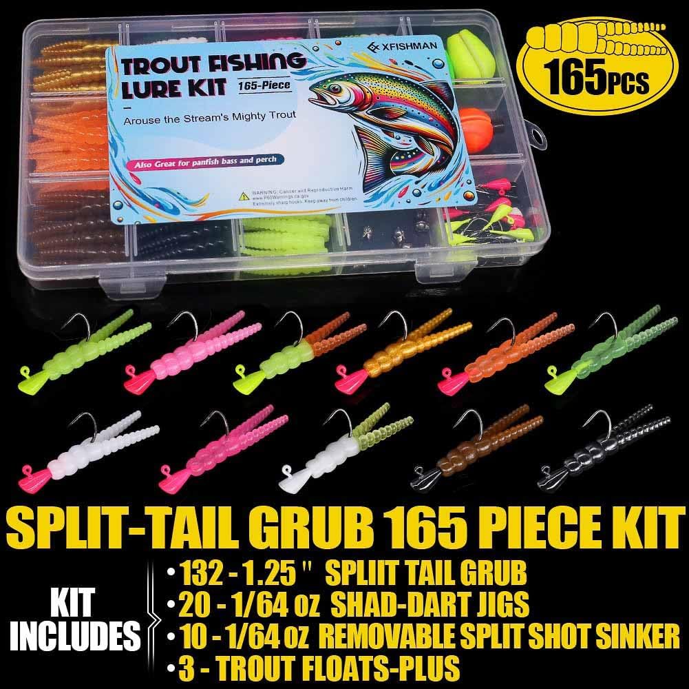 Trout Fishing Lure Kit - 165-Piece Set with Split Tail Grub Worms, Shad Dart Jig Heads & Floats | Ideal for Creek & River Fishing