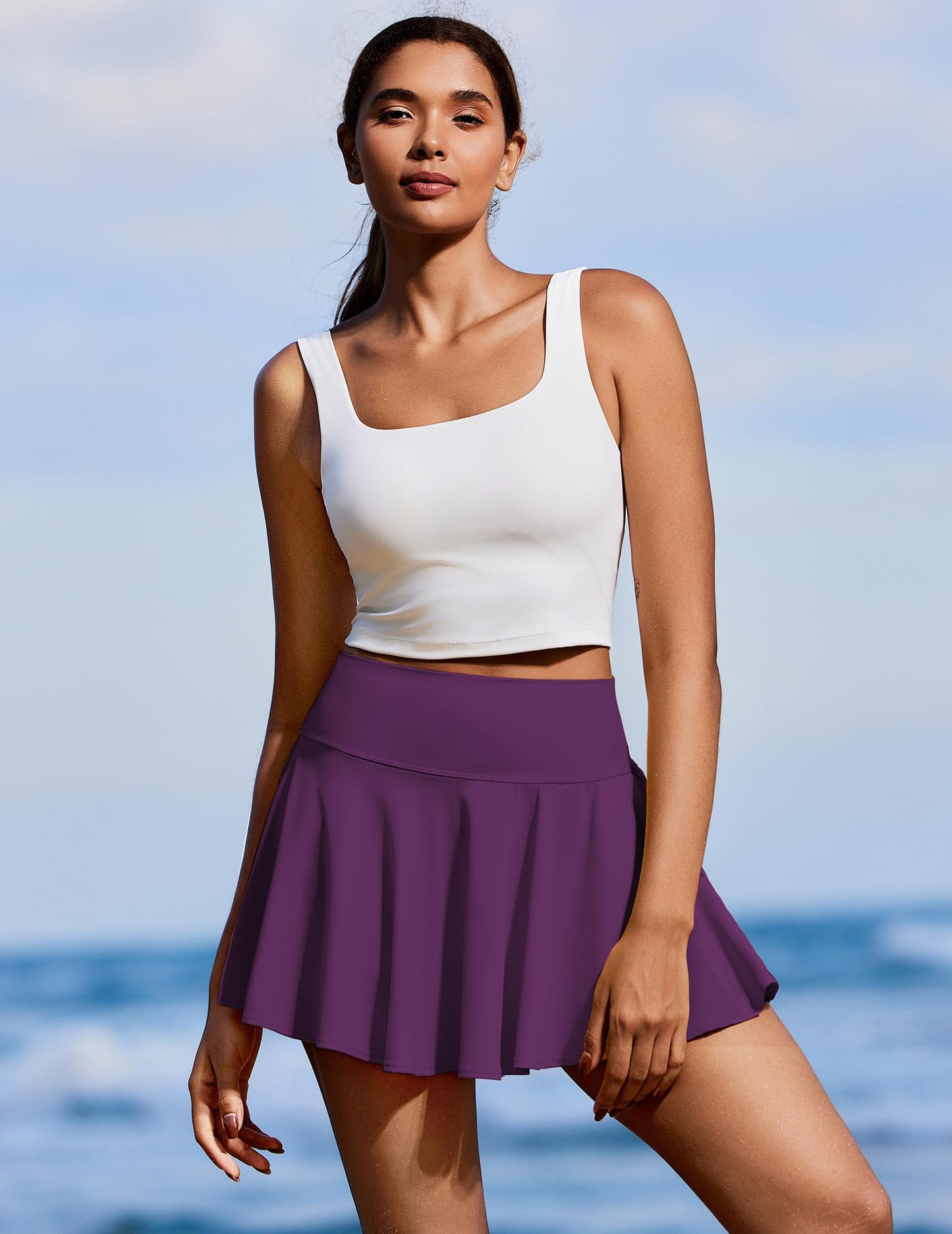 PINSPARK Womens Tennis Skirts 14" A Line Golf Skort with Pockets Plus Size Running Skirt, Dark Purple XXL