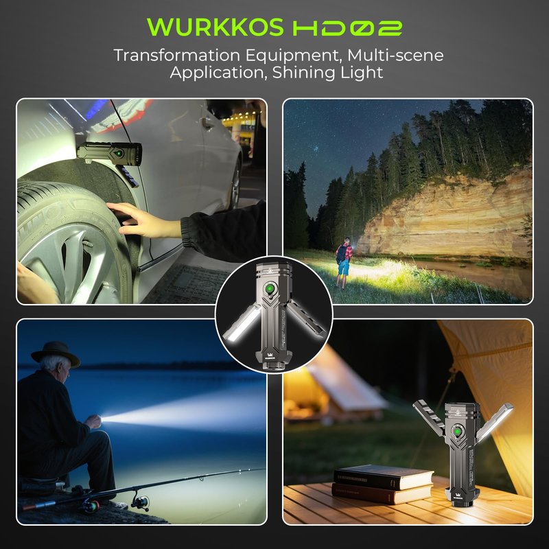Wurkkos HD02 Rechargeable Flashlight, 3200 Lumens 4-in-1 Light with Spotlight/UV/Green Light & Foldable Side Light, Flat Flashlight with Magnetic, Flash Lights for Camping/Inspection and Everyday Use