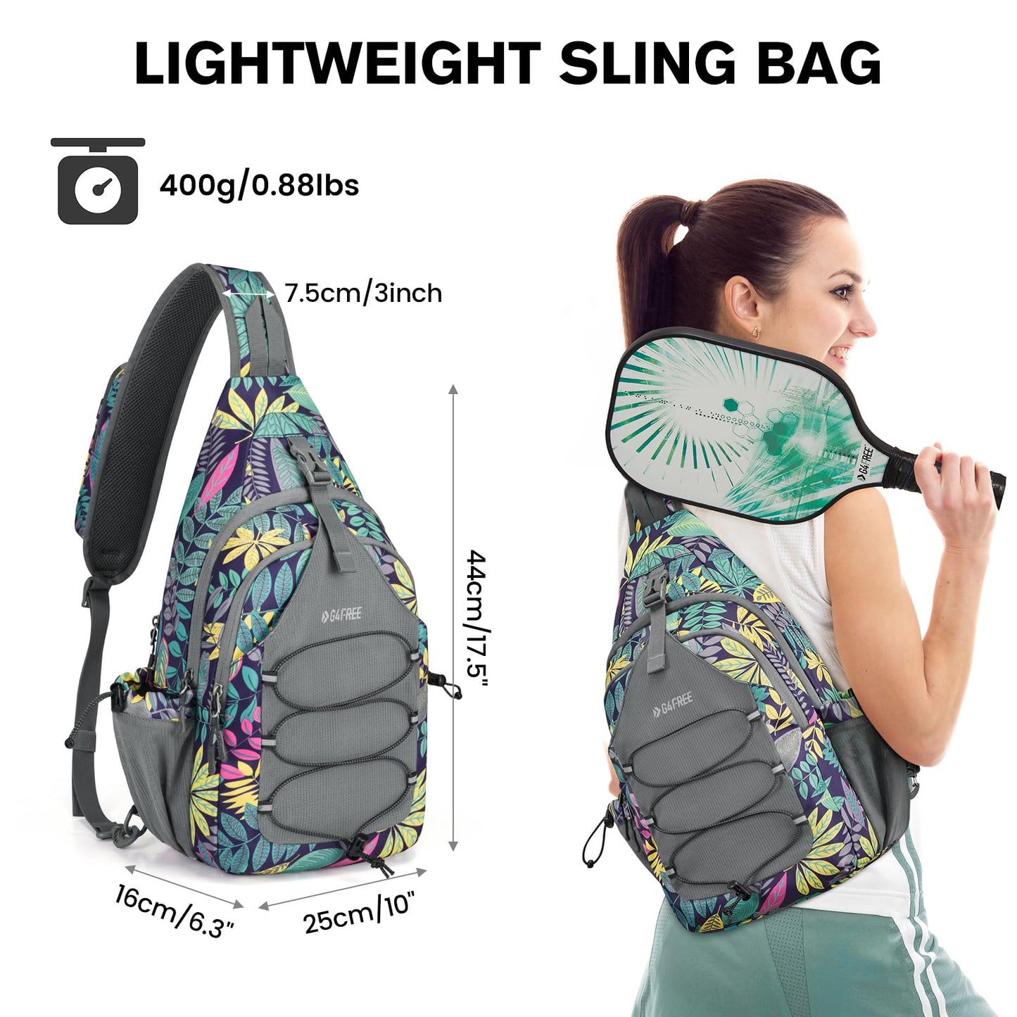 G4Free Pickleball Bag Sport Tennis Sling Bag Lightweight Pickleball Paddle Bag, Blue Leaf, L