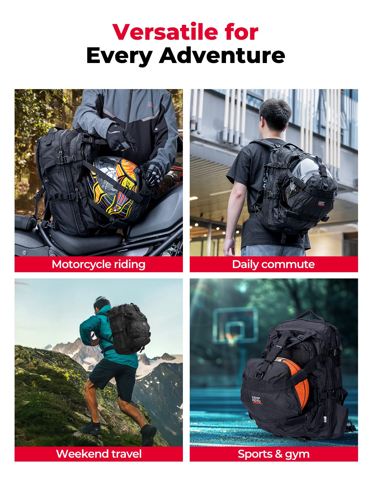 KEMIMOTO Motorcycle Helmet Backpack, 37L Large Capacity Helmet Bag with USB Charging Port, Riding Commuting Backpack for Men