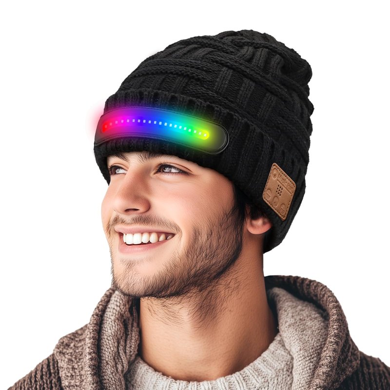 Colorful Light Beanie Hat with Bluetooth, Unisex Wireless Beanie Cap Headlamp Music hat, Windproof Warm Knit hat for Winter, Multi Light Modes
