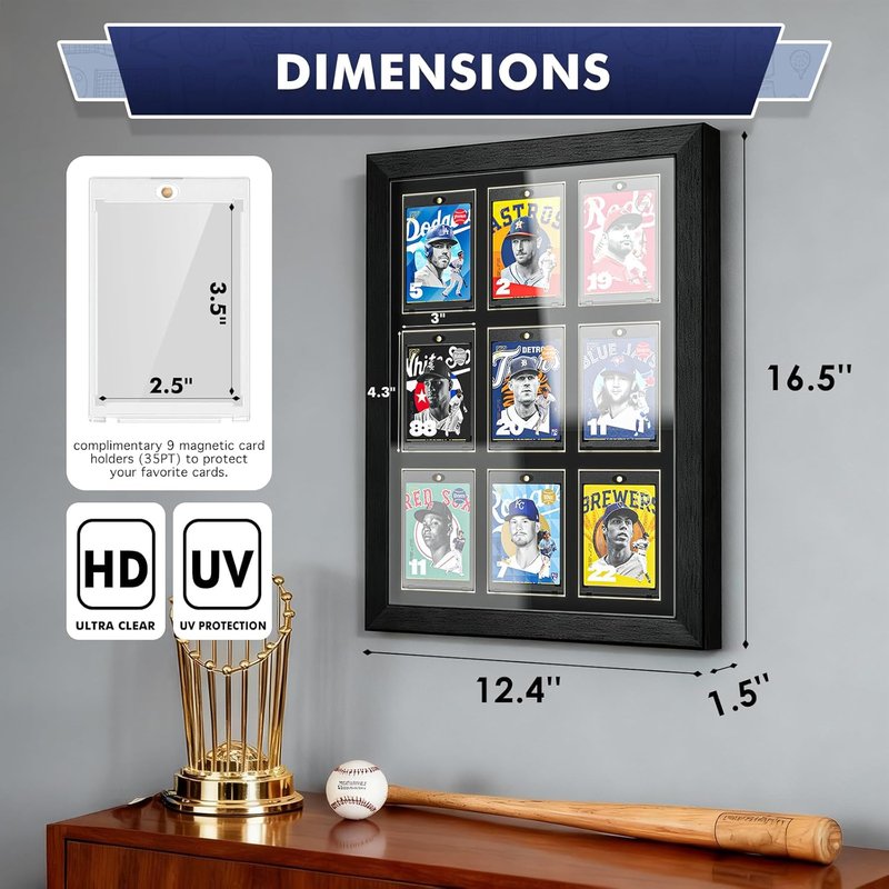 Trading Card Display Case - Wall Mount for 9 Standard Cards | UV Protection Magnetic Holder for Baseball, Football, Basketball, Hockey