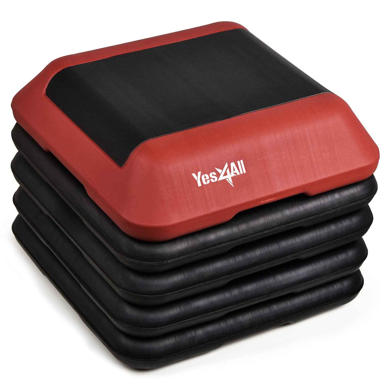 Yes4All 16"x16" Height-Adjustable High Step Aerobic Platform with 4 Risers for Home Gym Exercise Fitness Workout, Cardio and Jumping (Red Black)
