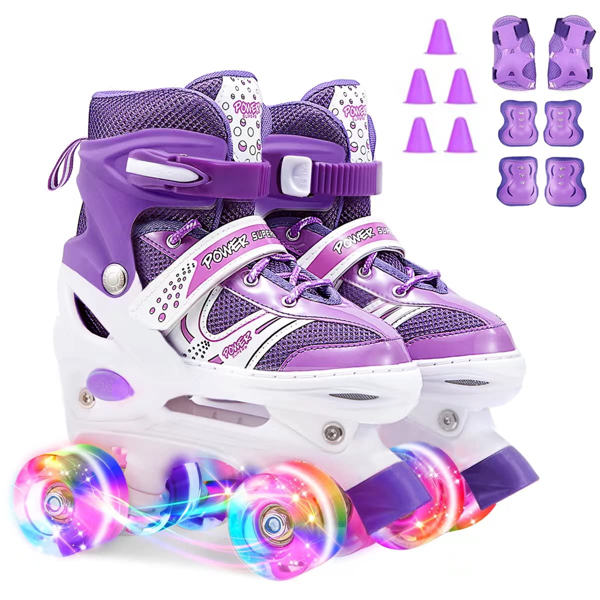 Kids Roller Skates, 4 Sizes Adjustable Beginners Boys Girls Roller Skates with Light up Wheels, High Standard Comfortable & Breathable Sports Indoor Outdoor Roller Skate Shoes (Purple-M)