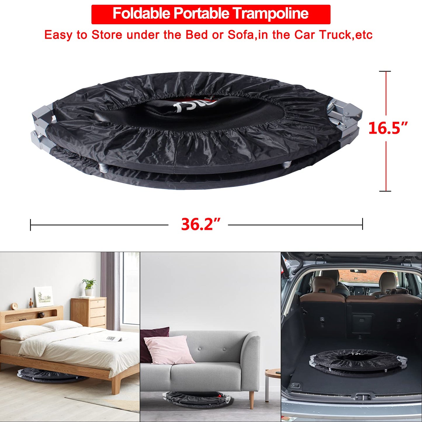 50 Inch Mini Fitness Trampoline for Adults, Foldable Exercise Trampoline with 5 Levels Adjustable Foam Handle, Rebounder Trampoline for Bounce Workout Indoor/Garden Max Load 440lbs