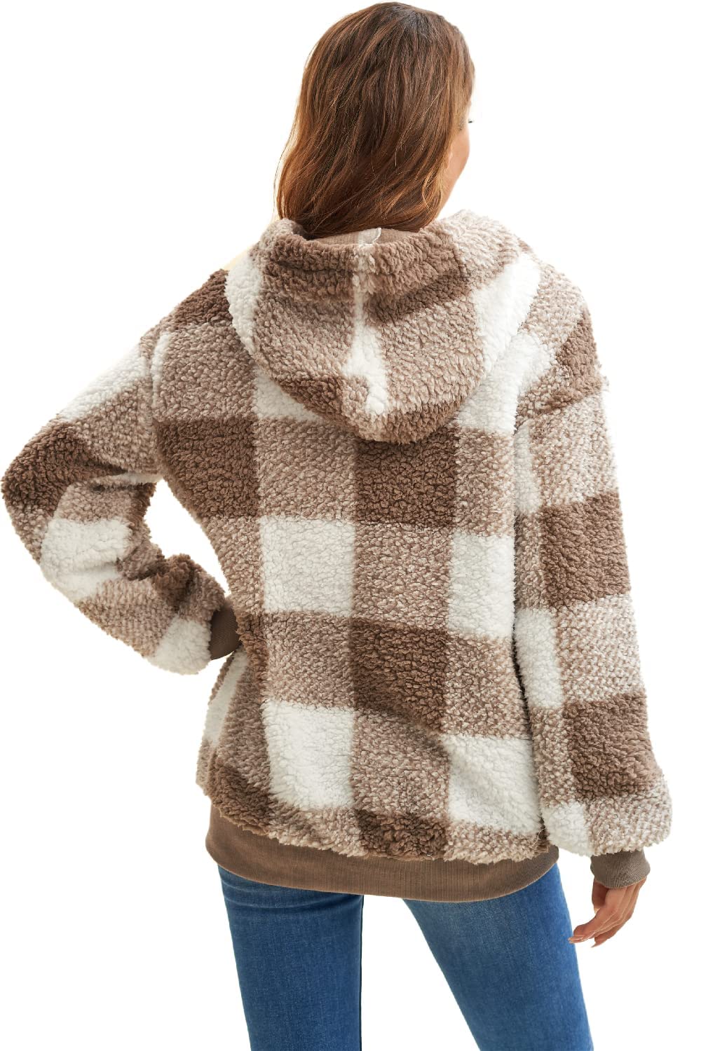 ReachMe Womens Oversized Sherpa Pullover Hoodie with Pockets Fuzzy Fleece Sweatshirt Plaid Fluffy Jacket Coat(B0 Khaki,XL)
