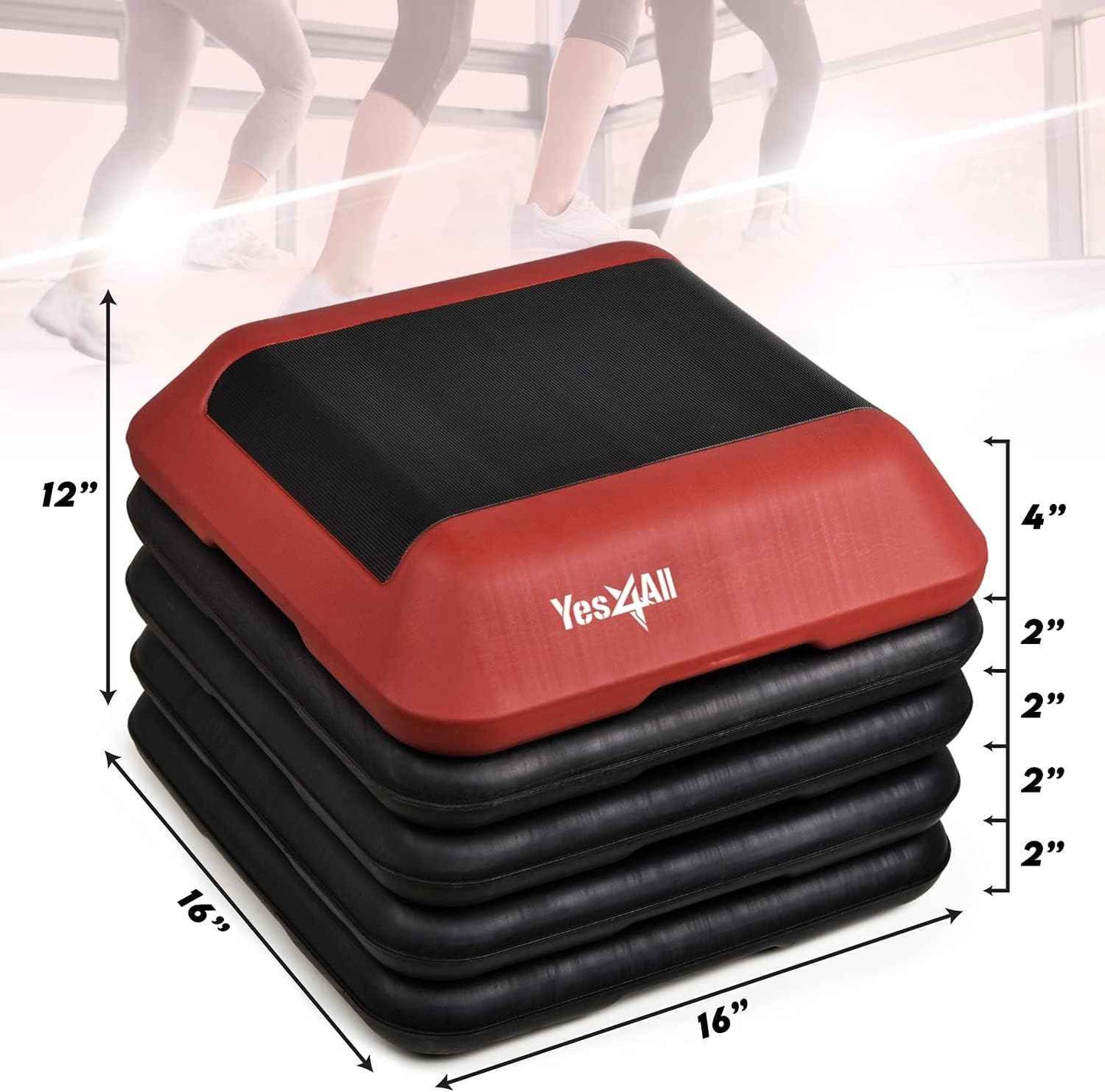 Yes4All 16"x16" Height-Adjustable High Step Aerobic Platform with 4 Risers for Home Gym Exercise Fitness Workout, Cardio and Jumping (Red Black)