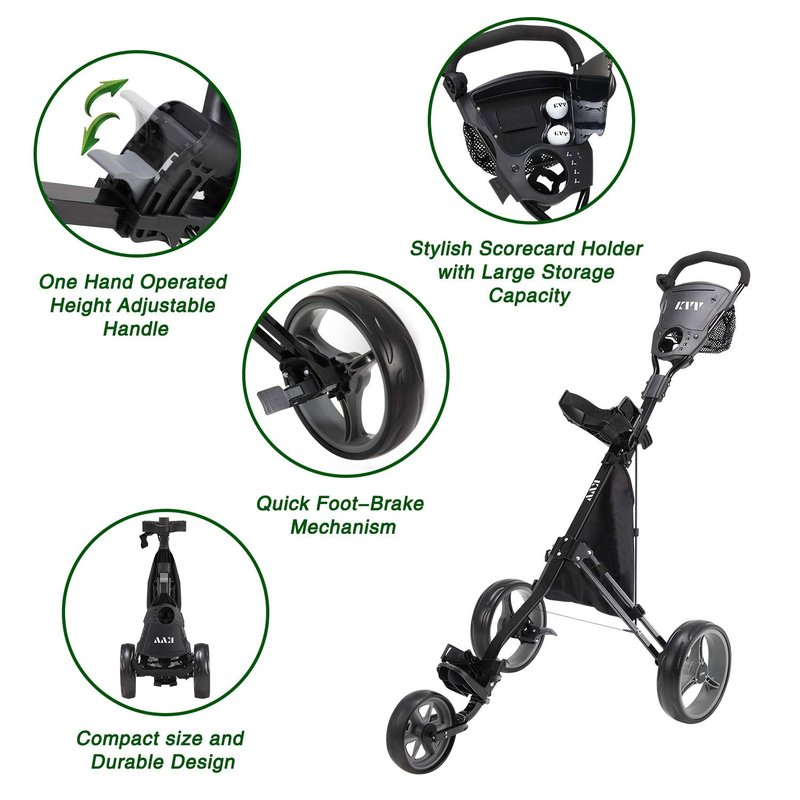 KVV Foldable Lightweight 3 Wheel Golf Cart with Stylish Scorecard Holder, Storage Bag-Easy to Open and Close