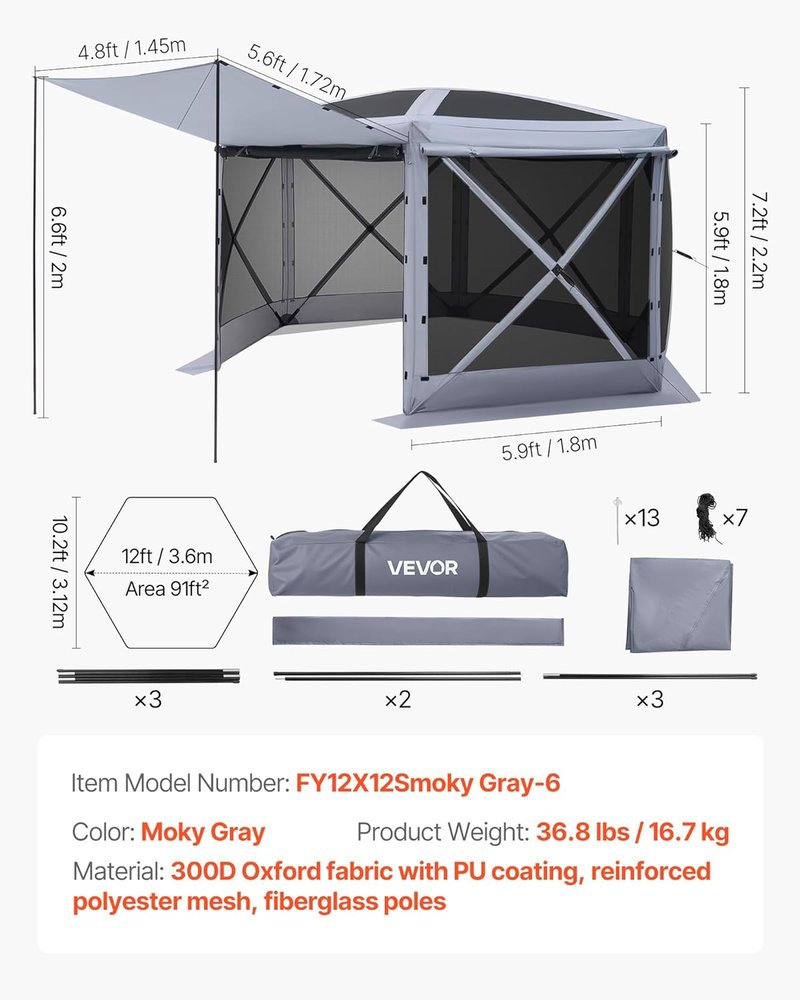 Pop Up Gazebo Screen Tent - 12x12 ft Large 6-Sided Canopy with Removable Top | Quick-Set, Bite-Proof Sun Shelter for 8-10 Persons, Grey